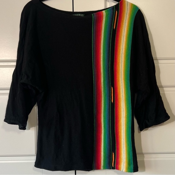 Striped Serape Knit Top Colorful Accent‎ 3/4 Sleeve Boat Neck Pullover - Picture 4 of 8
